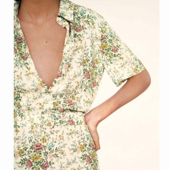 Zara Floral Floral Dress w Fabric Belt | Off-White Green Womans size M - Picture 5 of 15